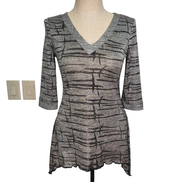 Joseph Ribkoff Metallic Tunic Sweater 10 Silver Black V-Neck Lightweight - Picture 1 of 9